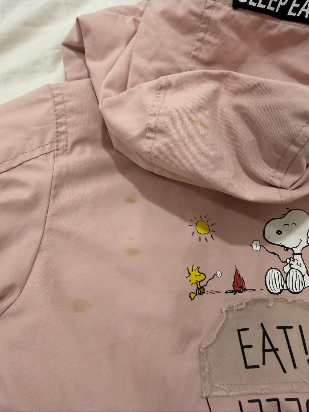 Zara Kids Pink Hooded Jacket with 'Sleep Eat' Snoopy Graphic